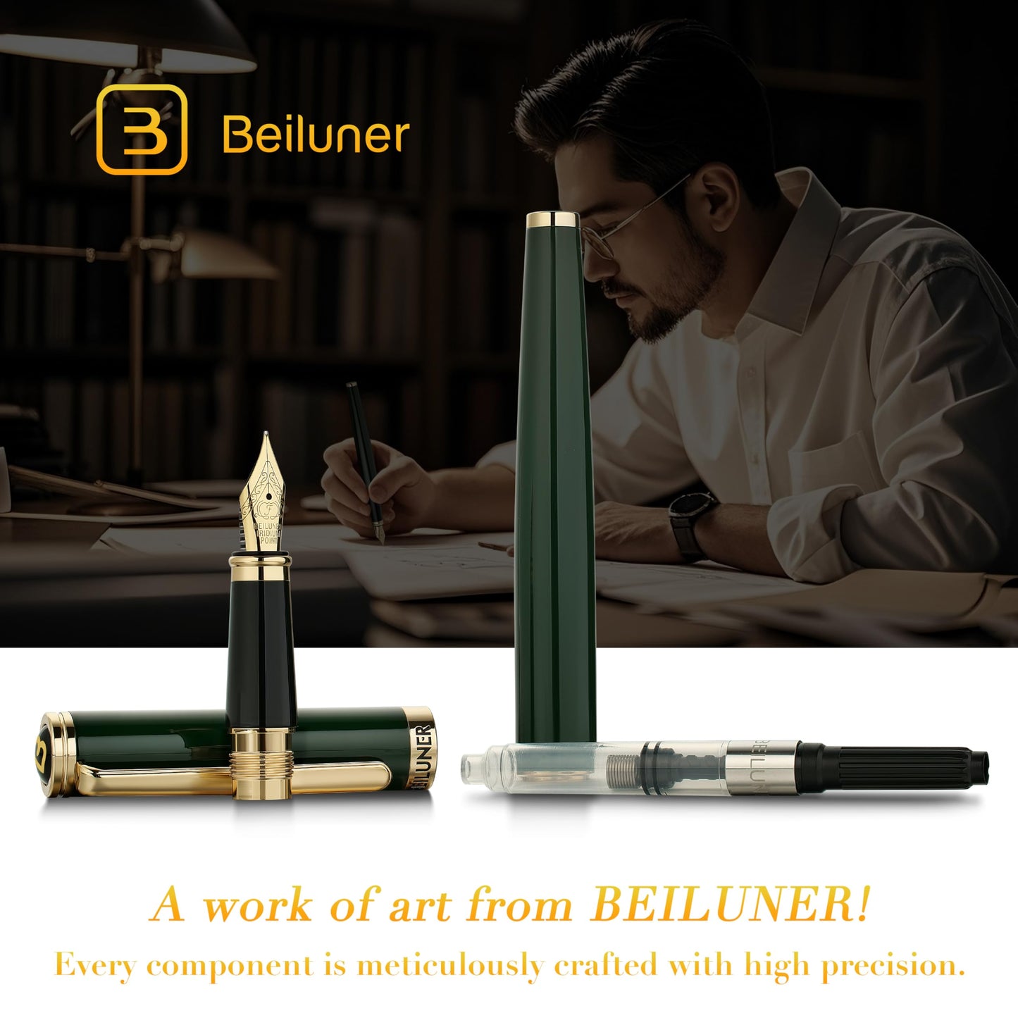 BEILUNER Racing Green Fountain Pen,Stunning Luxury Pens with 24K Gold Finish, Gorgeous 24K Gilded