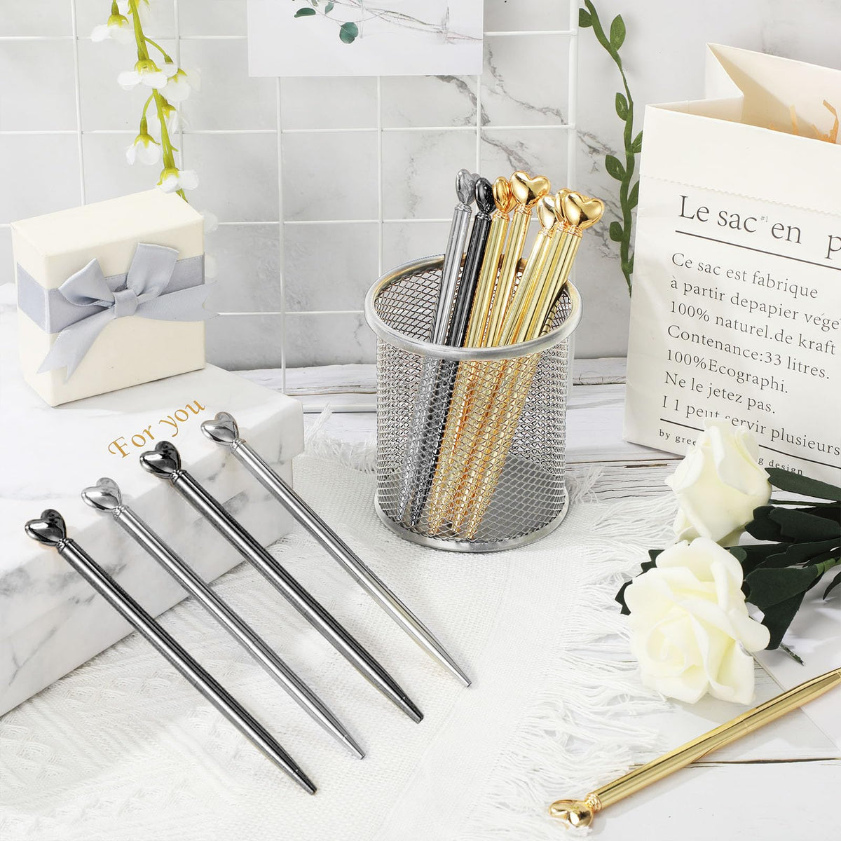 Thenshop Gray 24 Pcs Heart Shaped Pens Retractable Metal Cute Pens 1.0 mm Black Ink Ballpoint