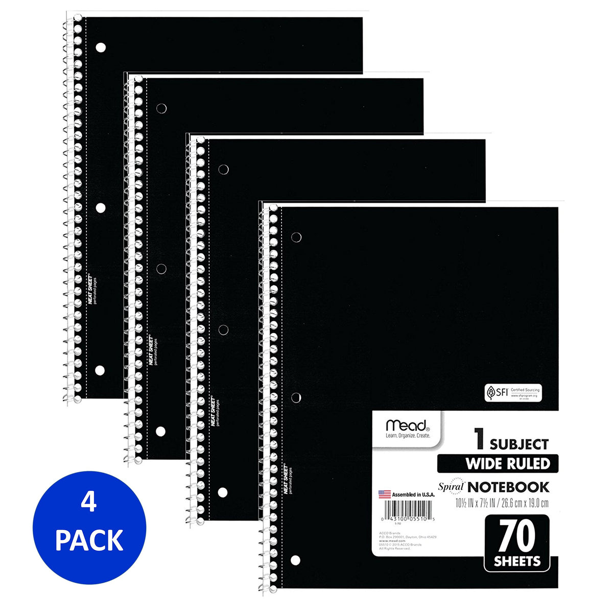 Mead Spiral Notebooks, 1 Subject, Wide Ruled Paper, 70 Sheets, 10-1/2" x 7-1/2 inches, Black, 4