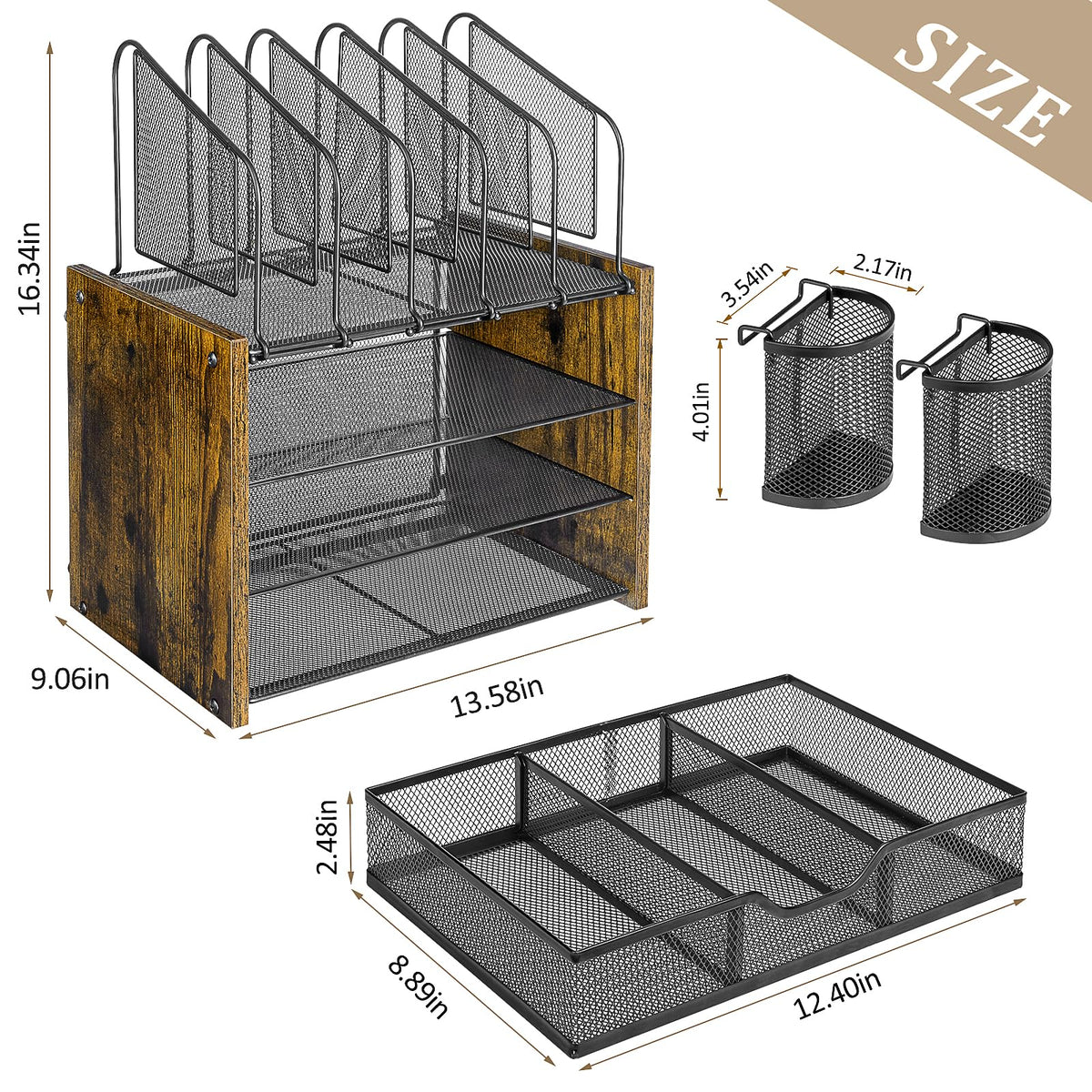 DAOUTIME 4-Tier Mesh Desk Organizer, Wooden Desk File Organizer with 5 Vertical File Holders and 2