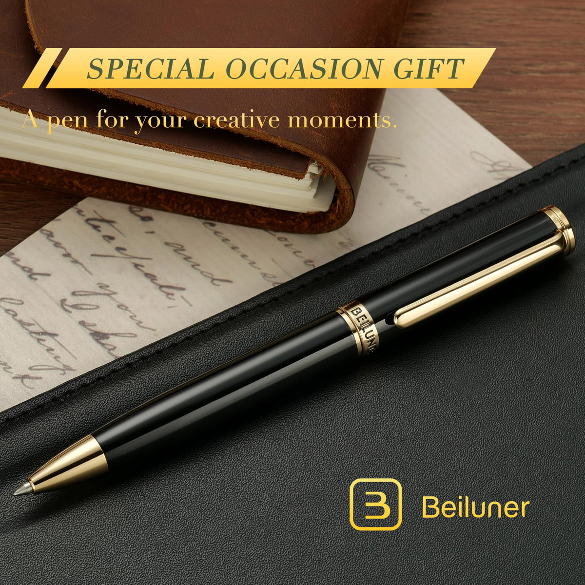 BEILUNER Luxury Gel Pen with 24K Gold Finish, Black Piano Lacquer, Luxury Grade Craftsmanship, Best
