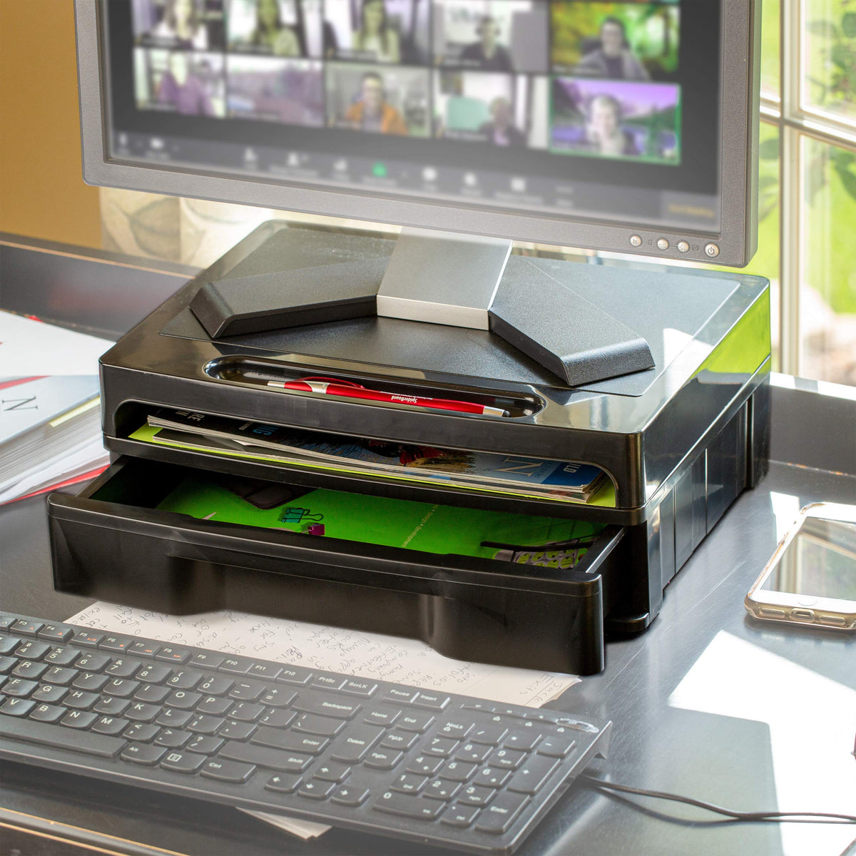 Officemate 2200 Series Monitor Stand with Security Drawer - Executive Monitor Riser and Desk