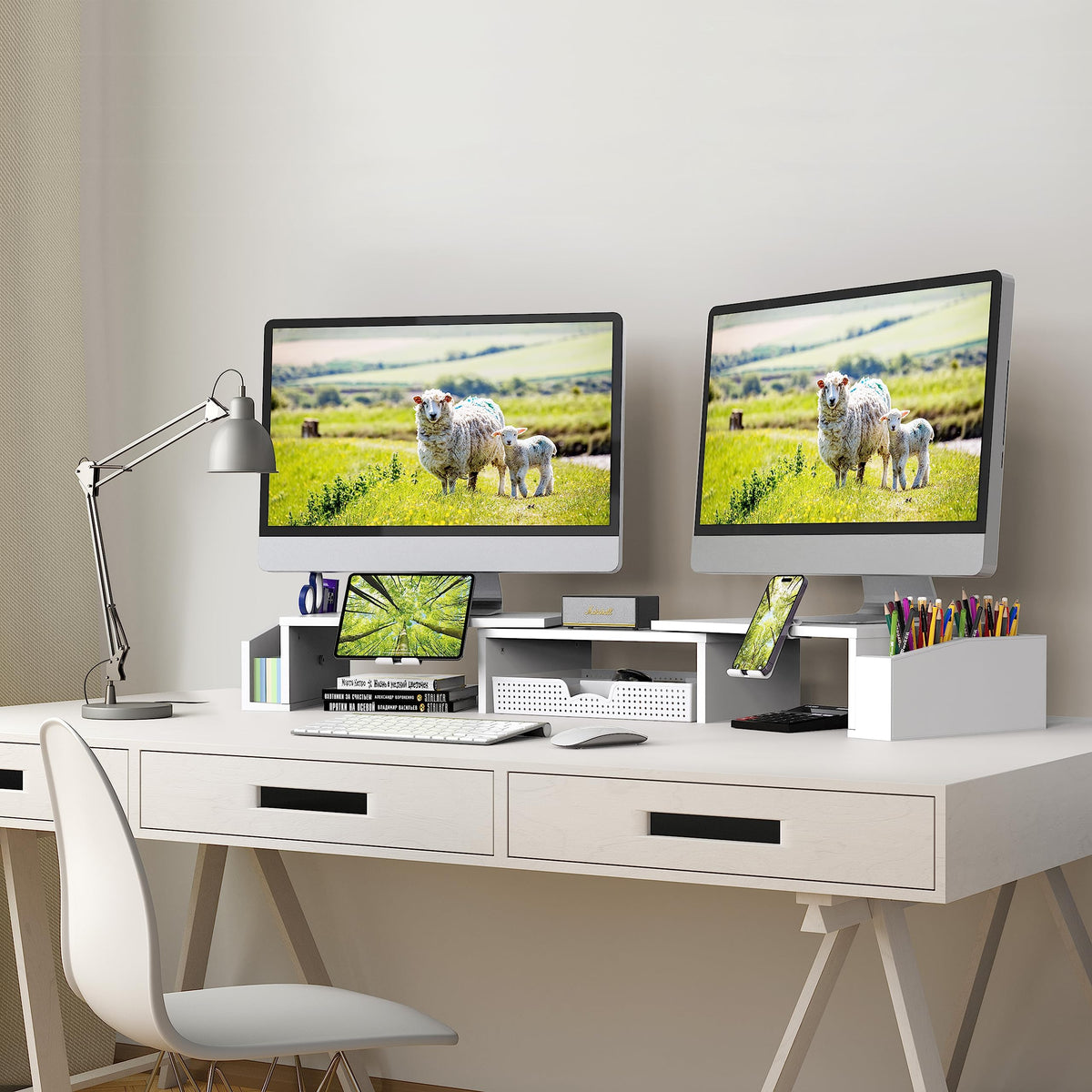 Simple Houseware Desk Dual Monitor Stand Riser with Drawer, White