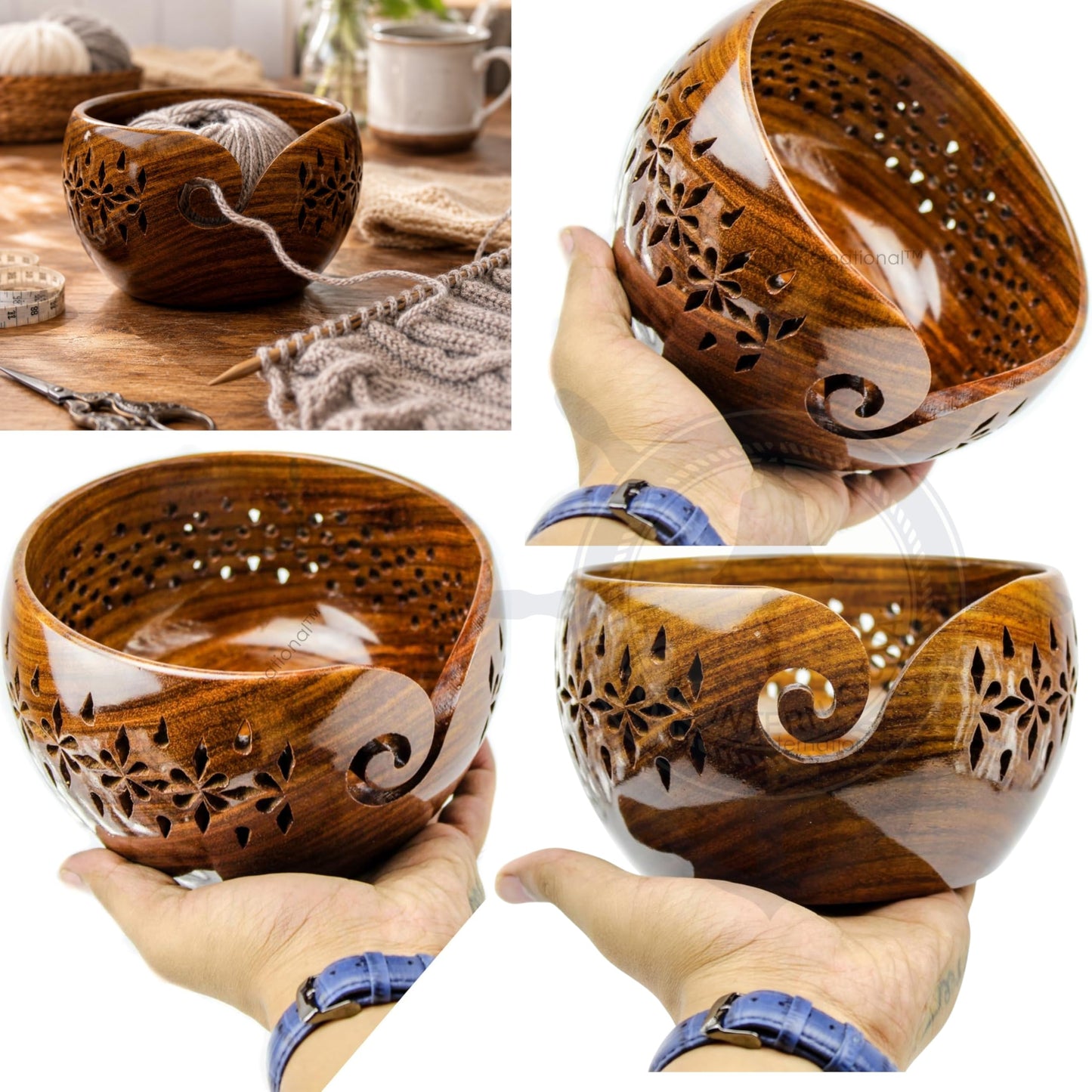 Nagina International Rosewood Crafted Wooden Yarn Storage Bowl With Carved Holes & Drills |