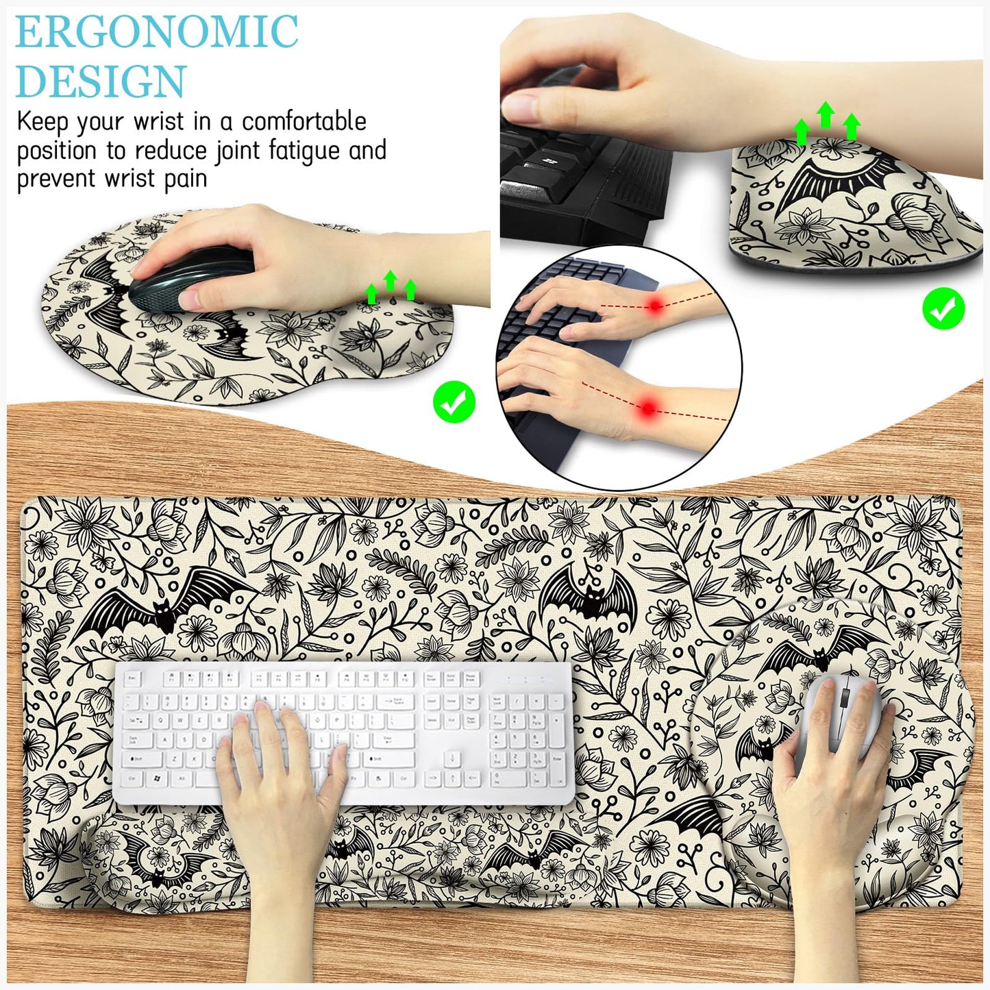 LIMKRIAN Goth Bat Ergonomic Mouse Pad Set, Large Desk Mat for Desktop