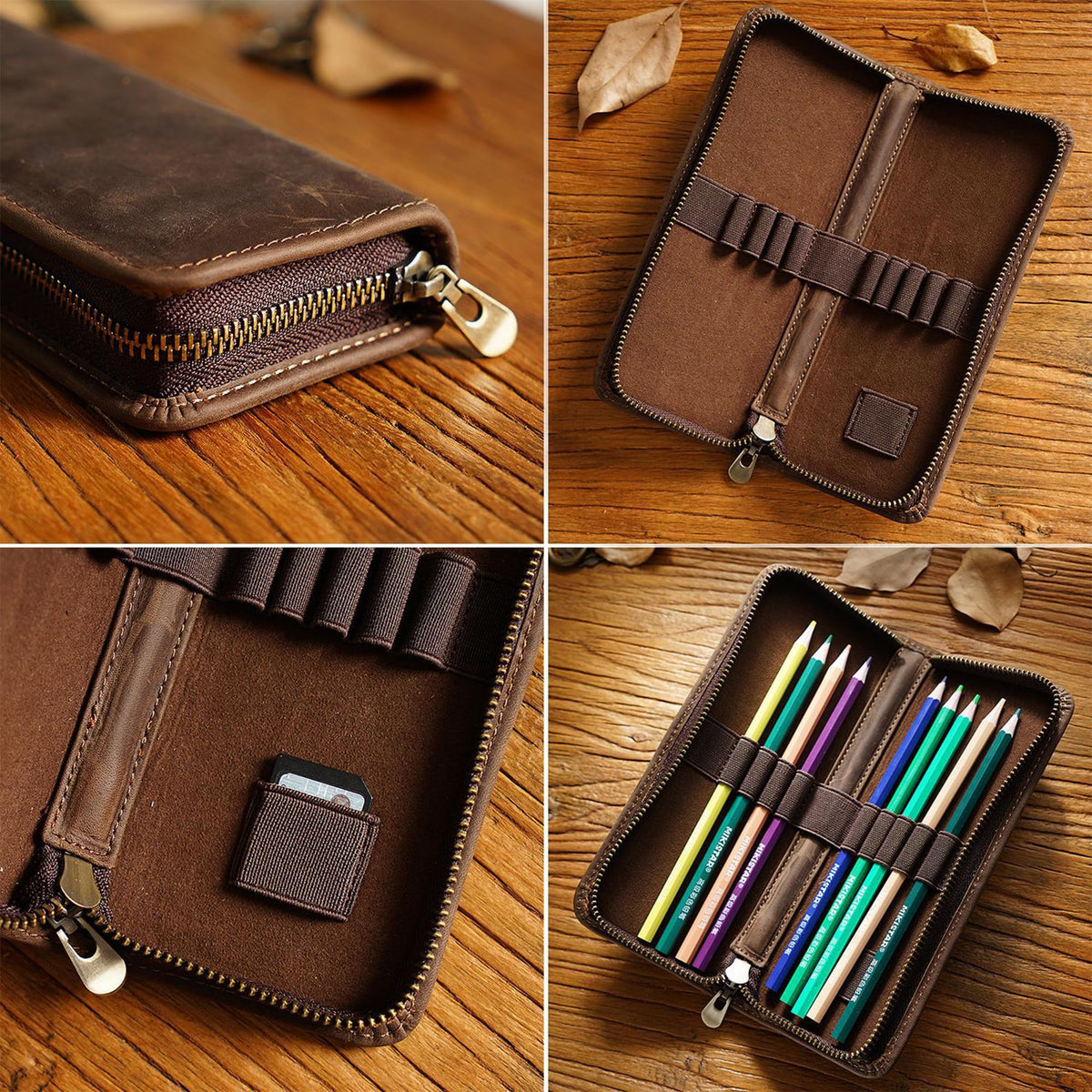 Leather Pencil Case Organizer 10 Slots, Portable Pouch for Fountain Pen
