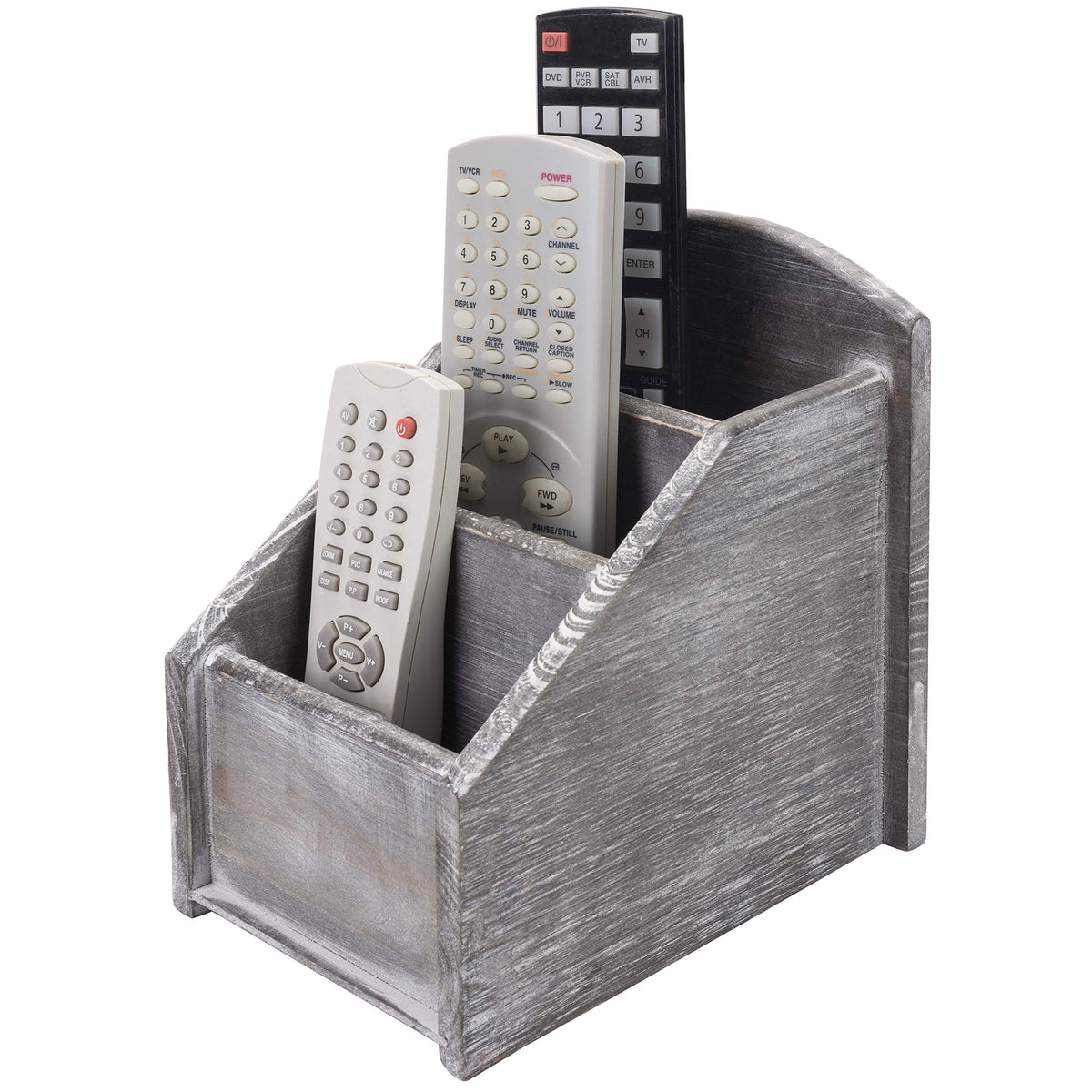 MyGift Graywashed Wood Remote Control Holder, 3-Compartment Desktop Caddy
