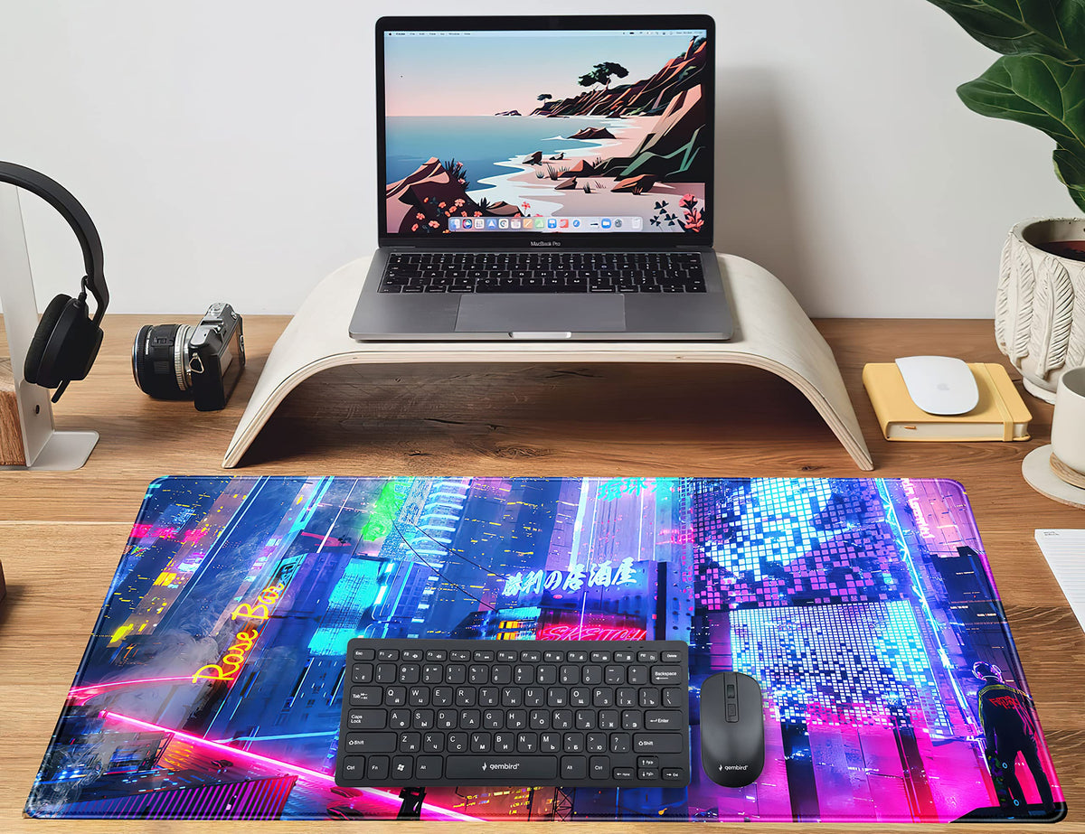 Japanese Street Desk Mat Futuristic Neon City Print Mouse Pad, Exclusive Desk Mats, XXL Large