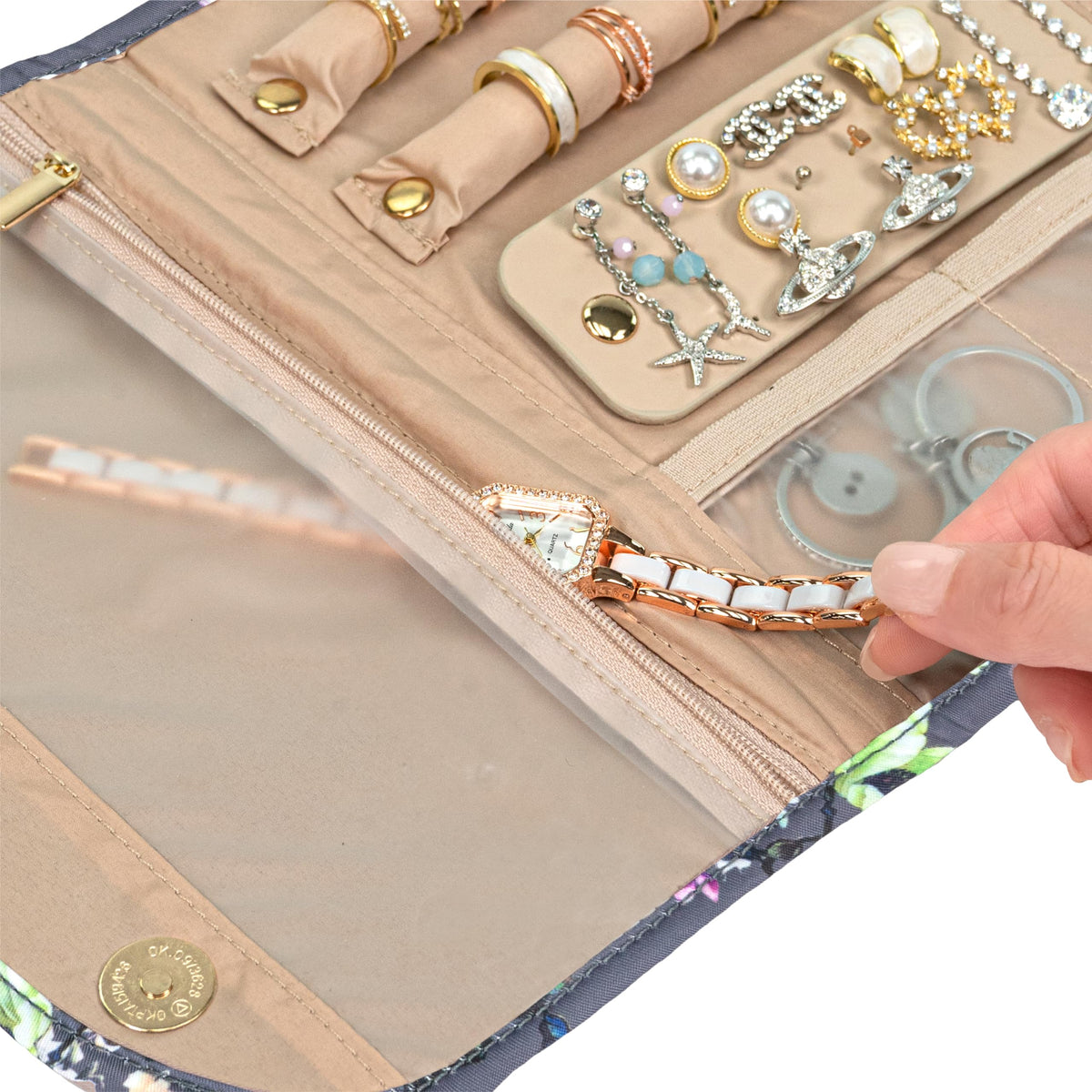PAVILIA Travel Jewelry Case Organizer Roll Bag for Accessories Floral Gray