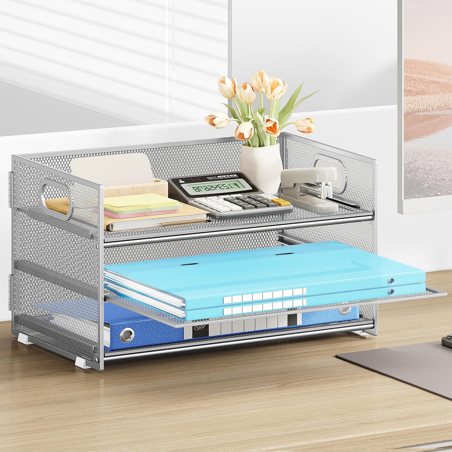 Subekyu 3 Tier Paper Desk Organizer with Handle and 1 PC Slideable Letter Tray, A4 Paper File