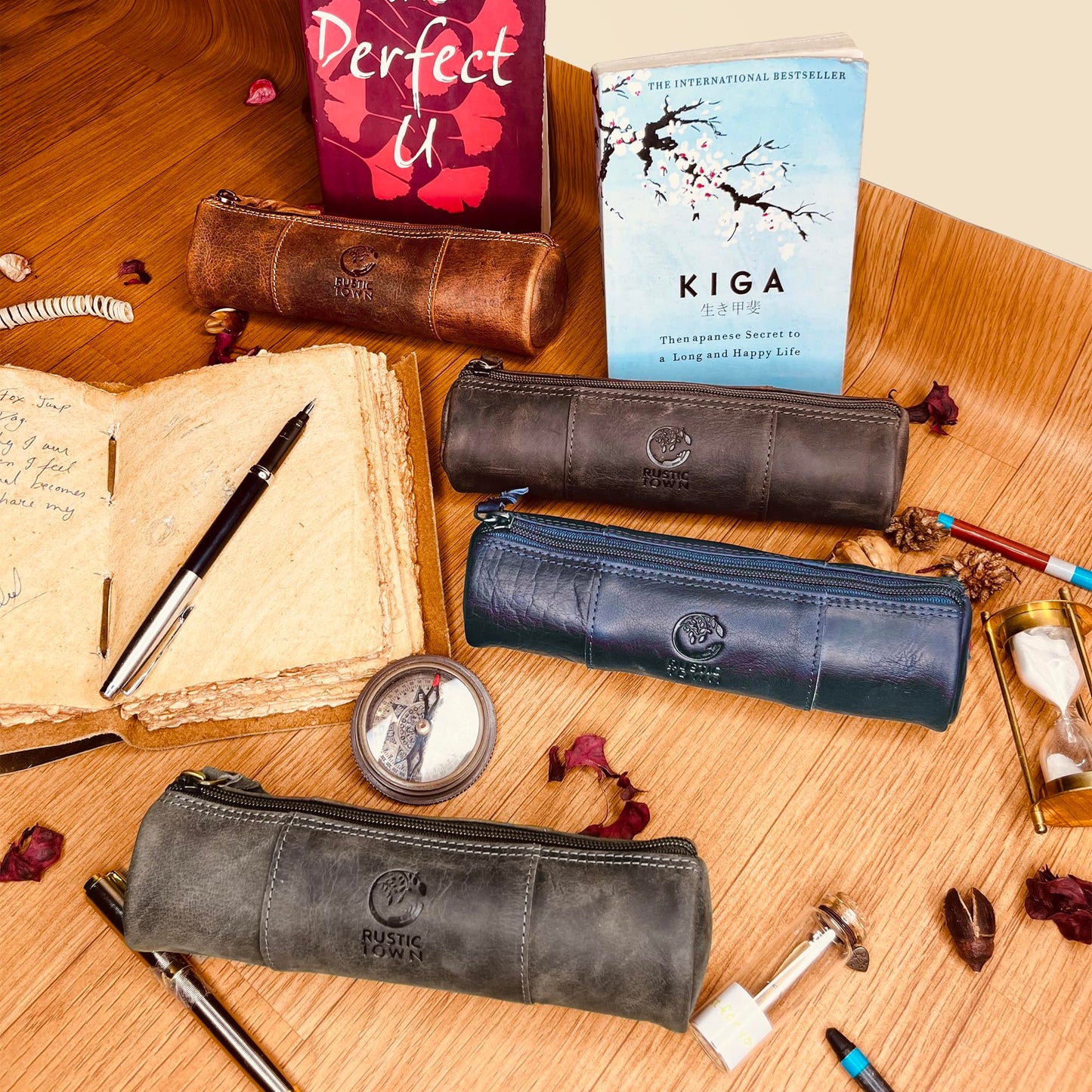 Rustic Town Leather Pencil Case - Full Grain Leather Zippered Pen Pouch - Stationery Bag Pen Holder