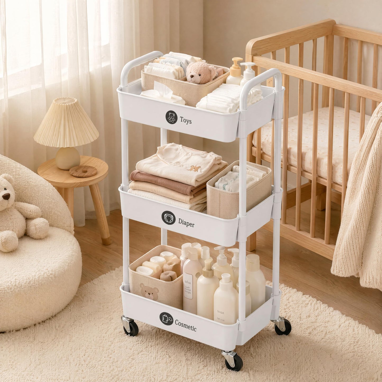 3 Tier Rolling Cart with Wheels, Utility Storage Carts,White