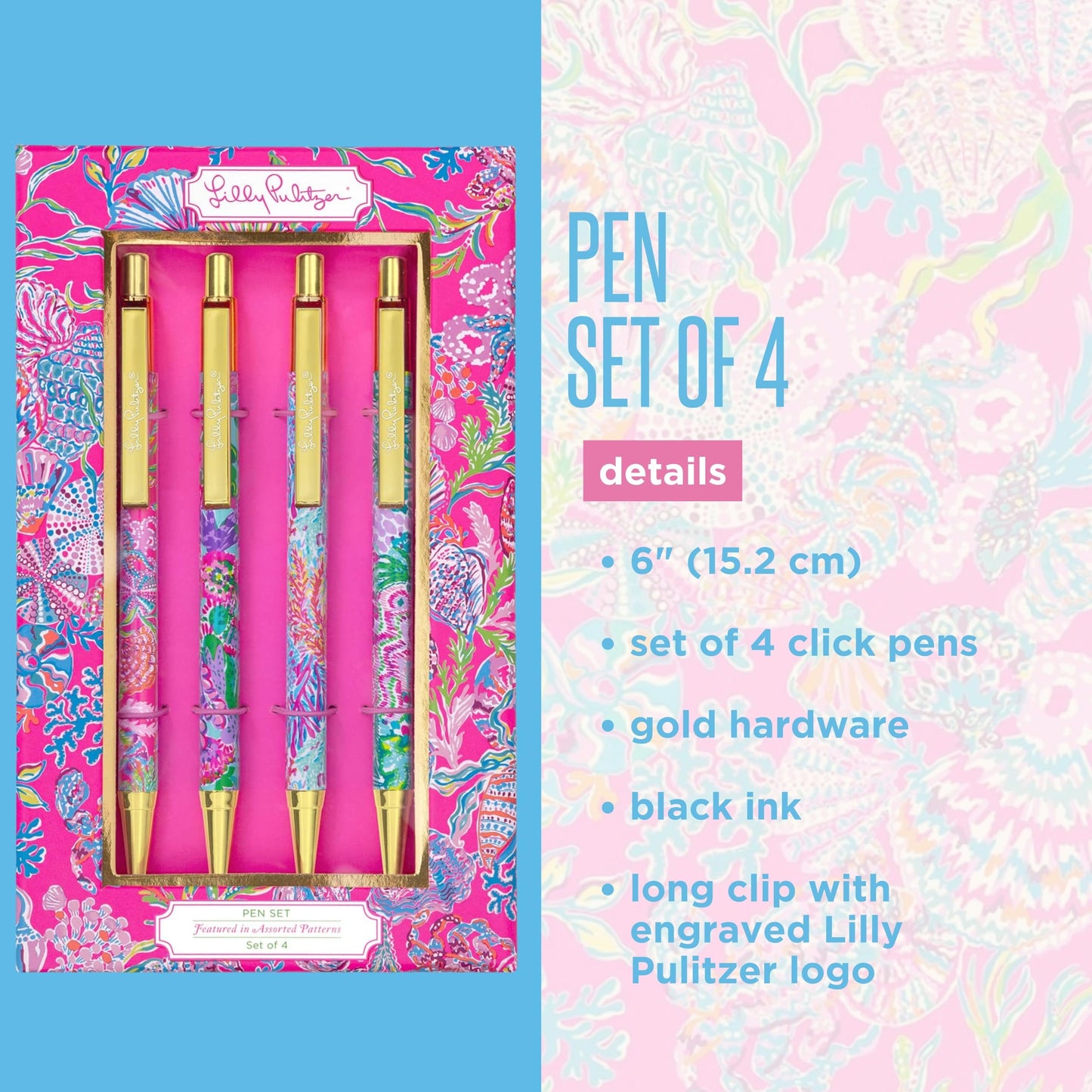 Lilly Pulitzer Pen Set of 4, Shell Me Something Good