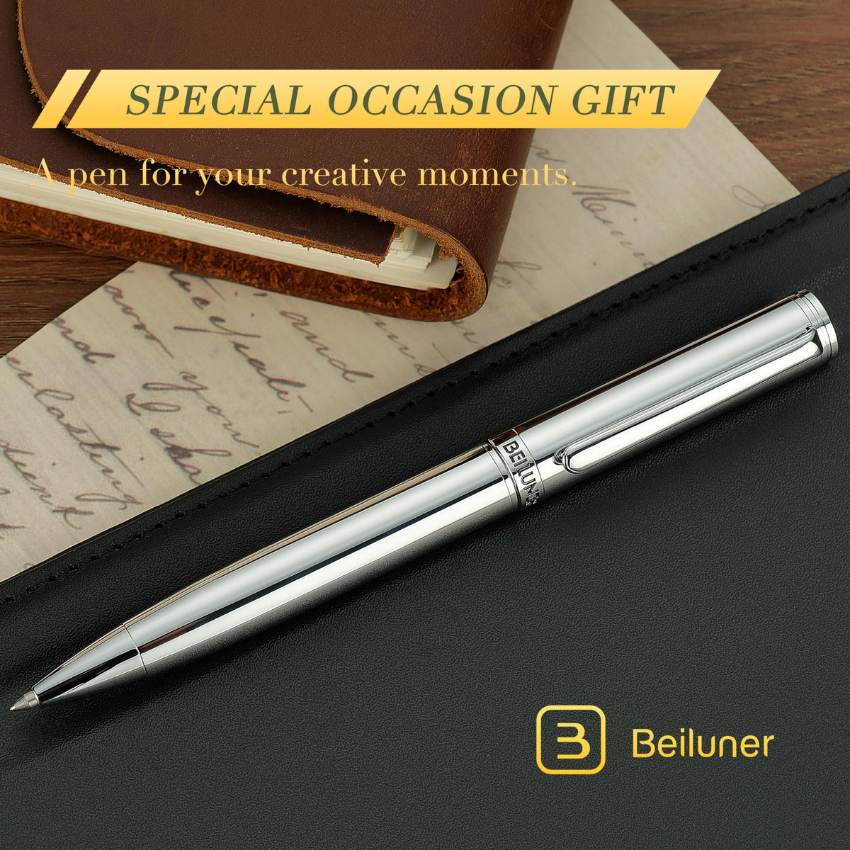 BEILUNER Silver Gel Pen - Luxury Featuring Bright Chrome Finishes, Black Ink Refill, Best Pen Gift