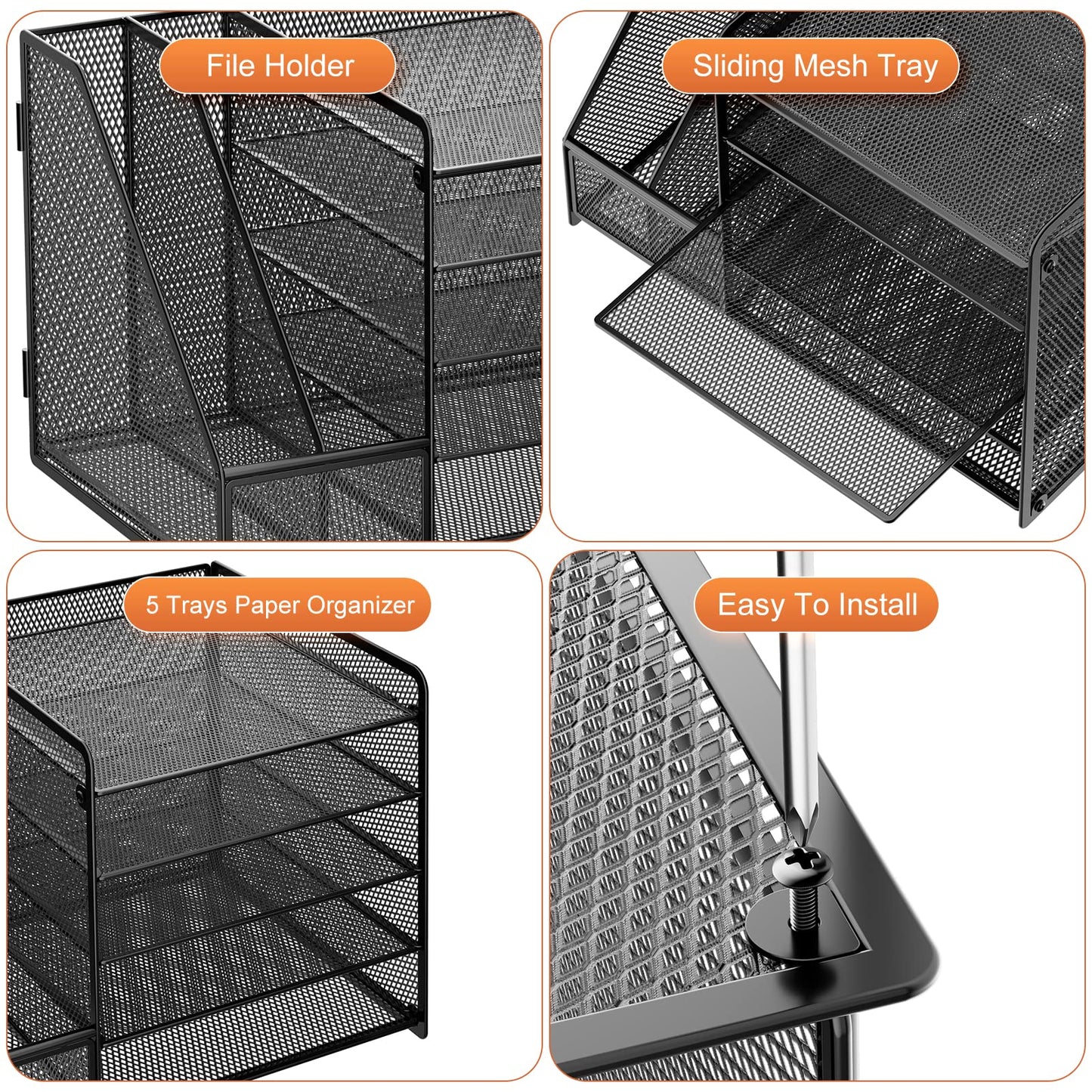 Marbrasse Desk Organizer with File Holder, 5-Tier Paper Letter Tray Organizer, Mesh Desk Organizers