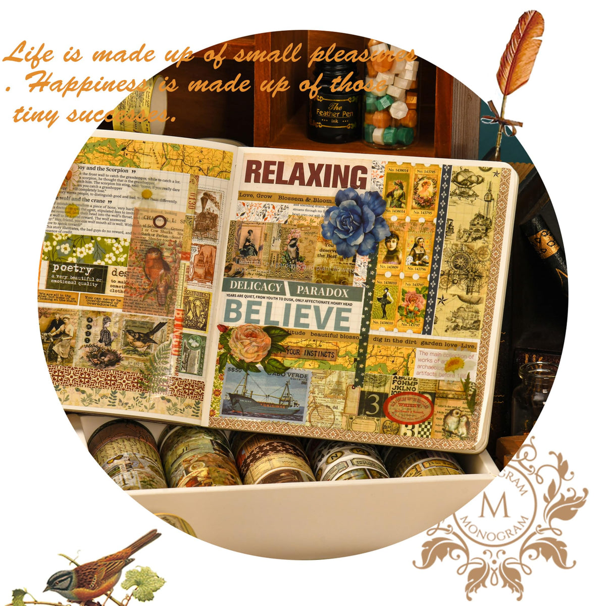 Songdao 36 Rolls Vintage Washi Tape Pack Retro Arts Adhesive Tapes Wide Chronicle Decorative