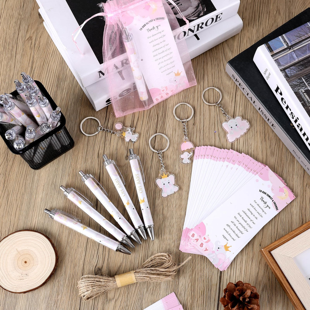 EYNDYN 145 Pieces Baby Shower Favors for Guest Pink Elephant Ballpoint Pens and Keychains Gifts for