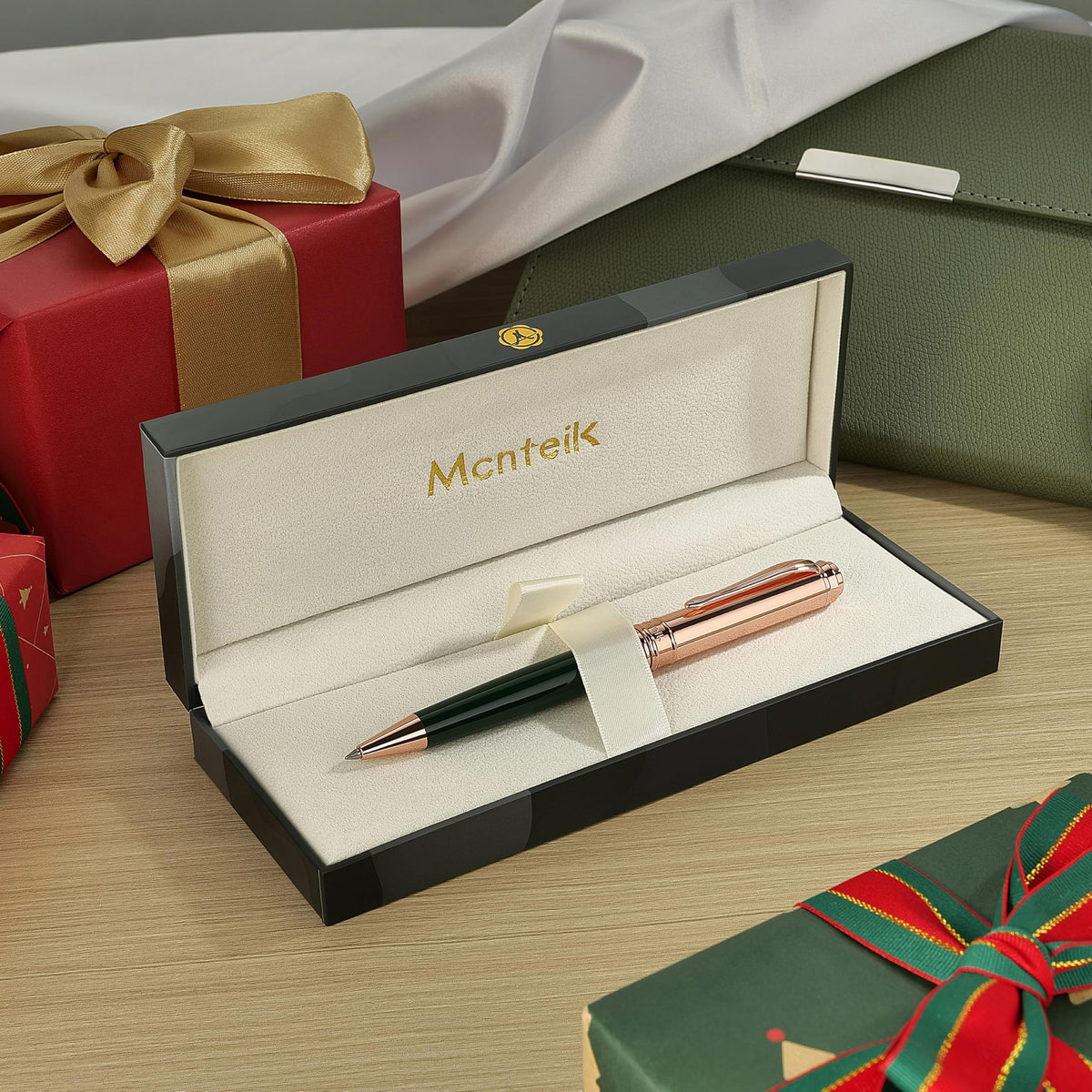 MCNTEIK Luxury Gel Pen, Top Set With 8mm Brilliant Diamond,Dark Green Pen Body,Attractive Rose Real
