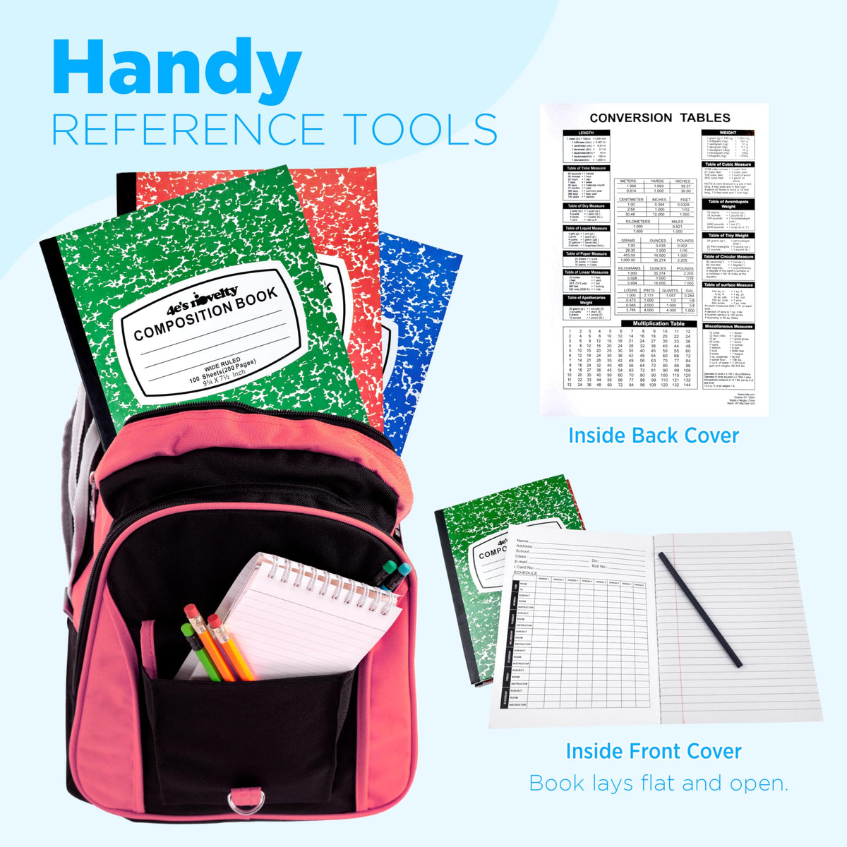 4E's Novelty Wide Ruled Composition Notebooks - Pack of 3-100 Sheets 9.75" x 7.5" - Hard Cover Red
