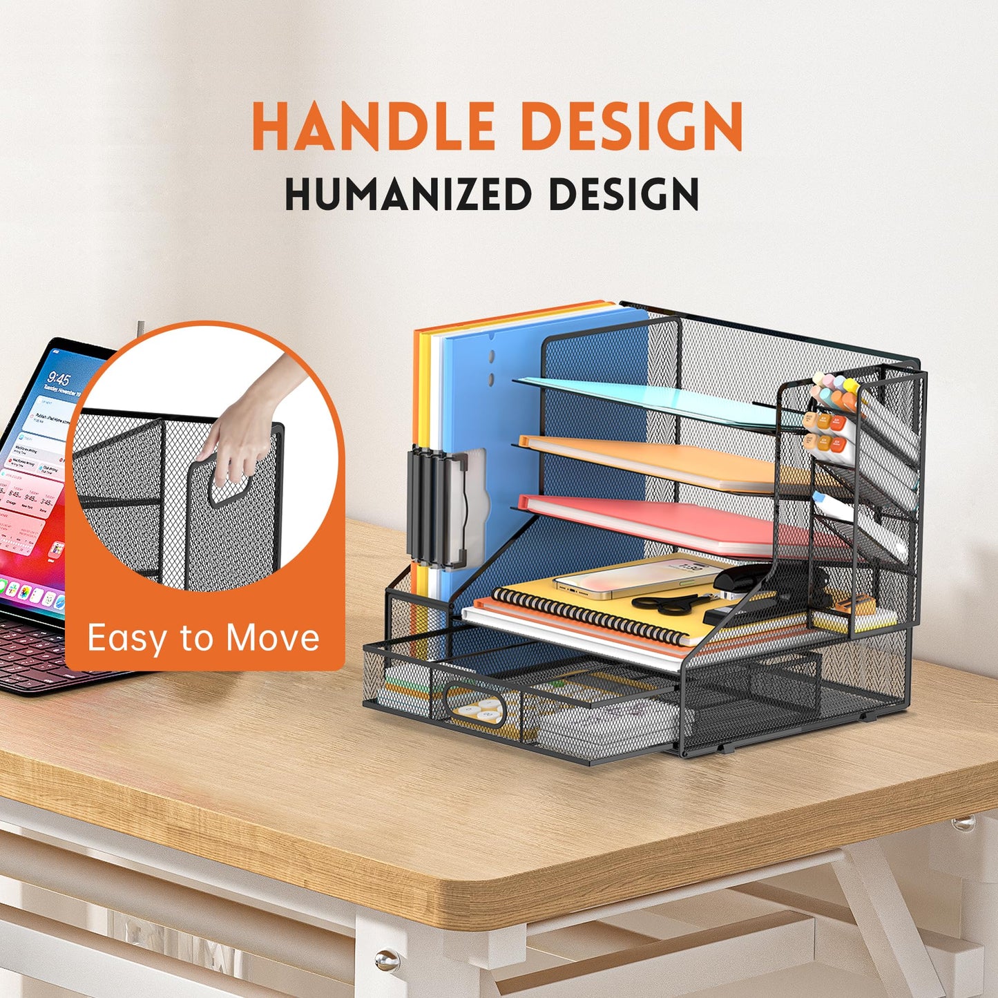 5-Tier Desk Organizer with File Holder & Pen Holder & Sliding Drawer, Black