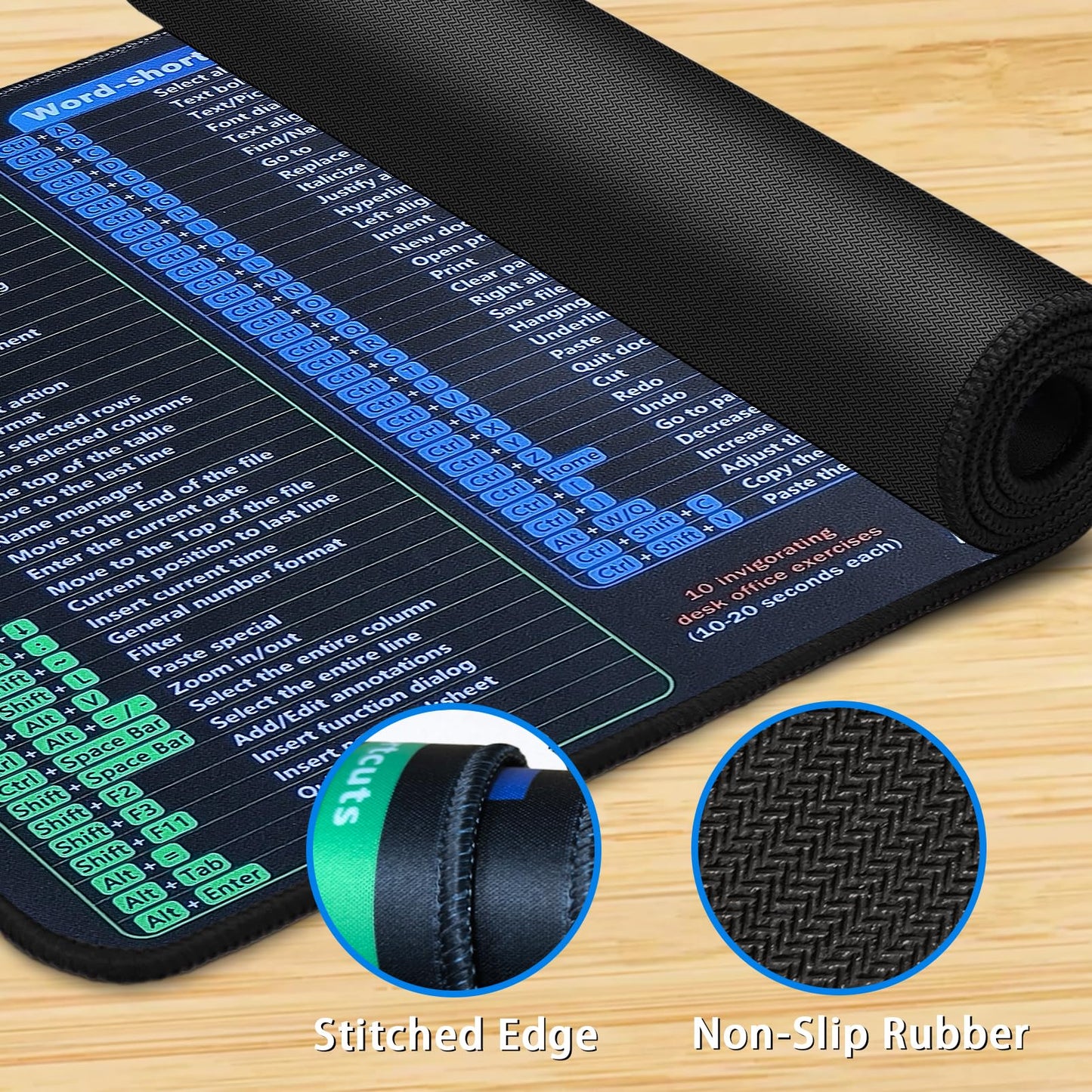 Windows/Word/PPT/Classic Outlook/Excel Shortcuts Mouse Pad, 27.4x11.8in