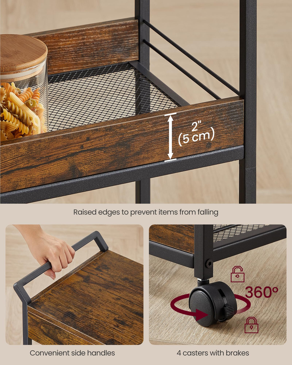 VASAGLE Storage Cart, 3-Tier Rolling Utility Cart with Table Top