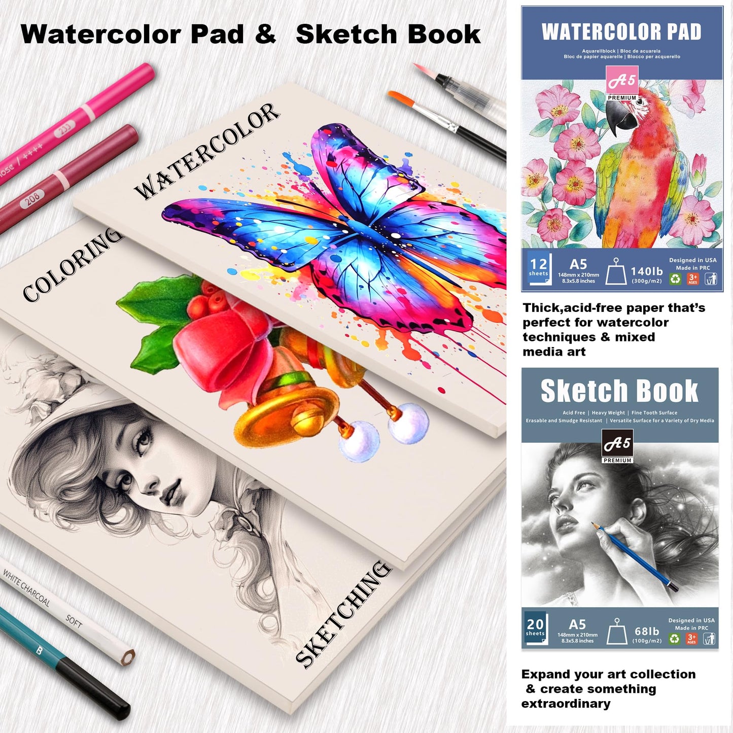 KALOUR 106 Coloring Sketching Kit Set - Art Supplies with Sketchbook & Watercolor Paper - Include