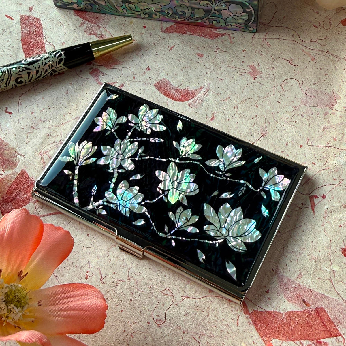 Nacreh Mother of Pearl Business Card Case Credit Id Name Holder Travel Wallet Art Painting Design