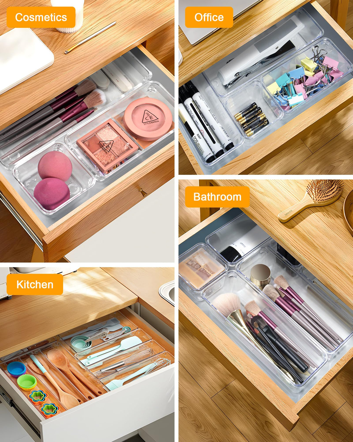 LUSCREAL 25 PCS Clear Plastic Drawer Organizers and Dividers, 4 Sizes Stackable Drawer Storage Bins
