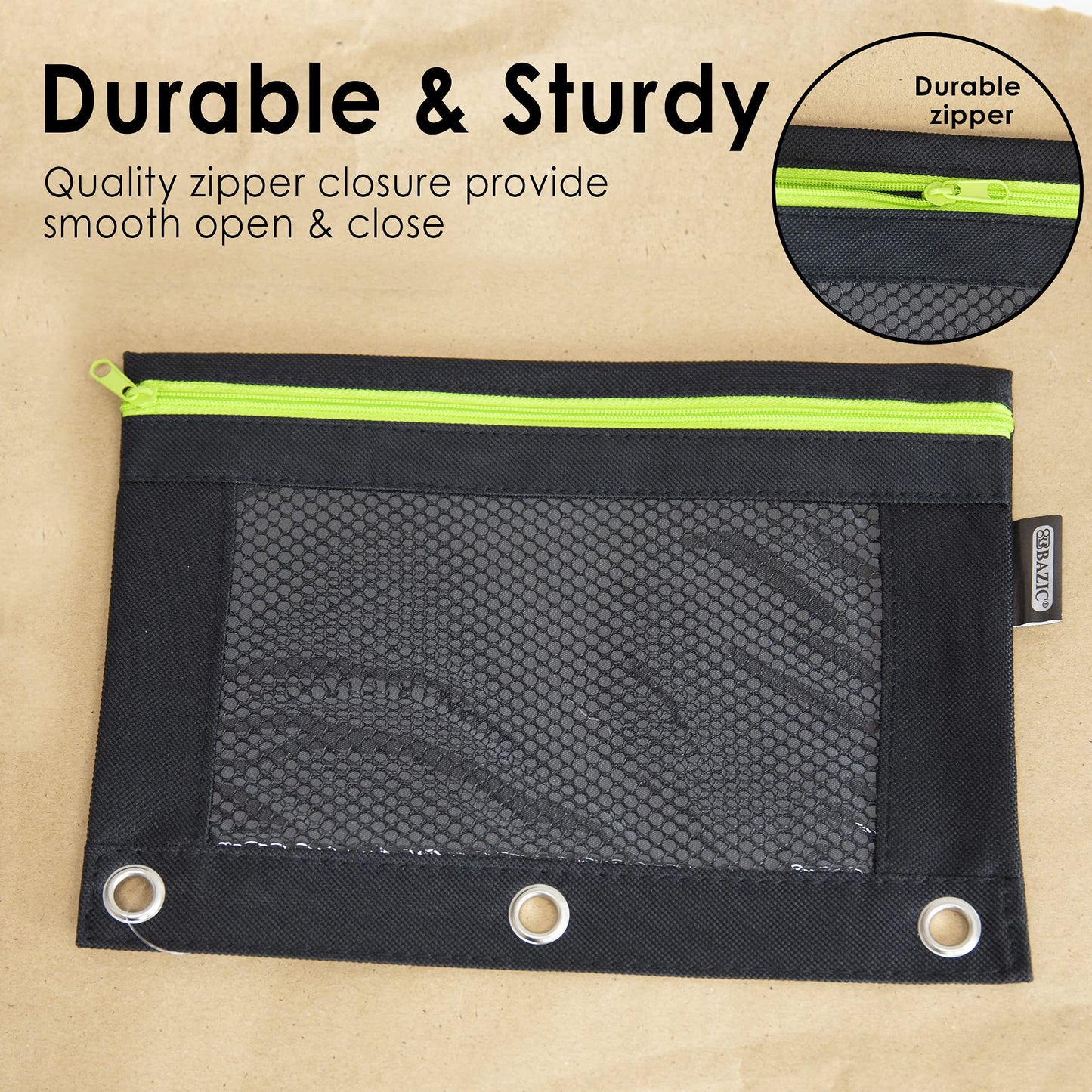 BAZIC Products Noir Neon 3-Ring Pencil Pouch with Mesh Window, 6-Set