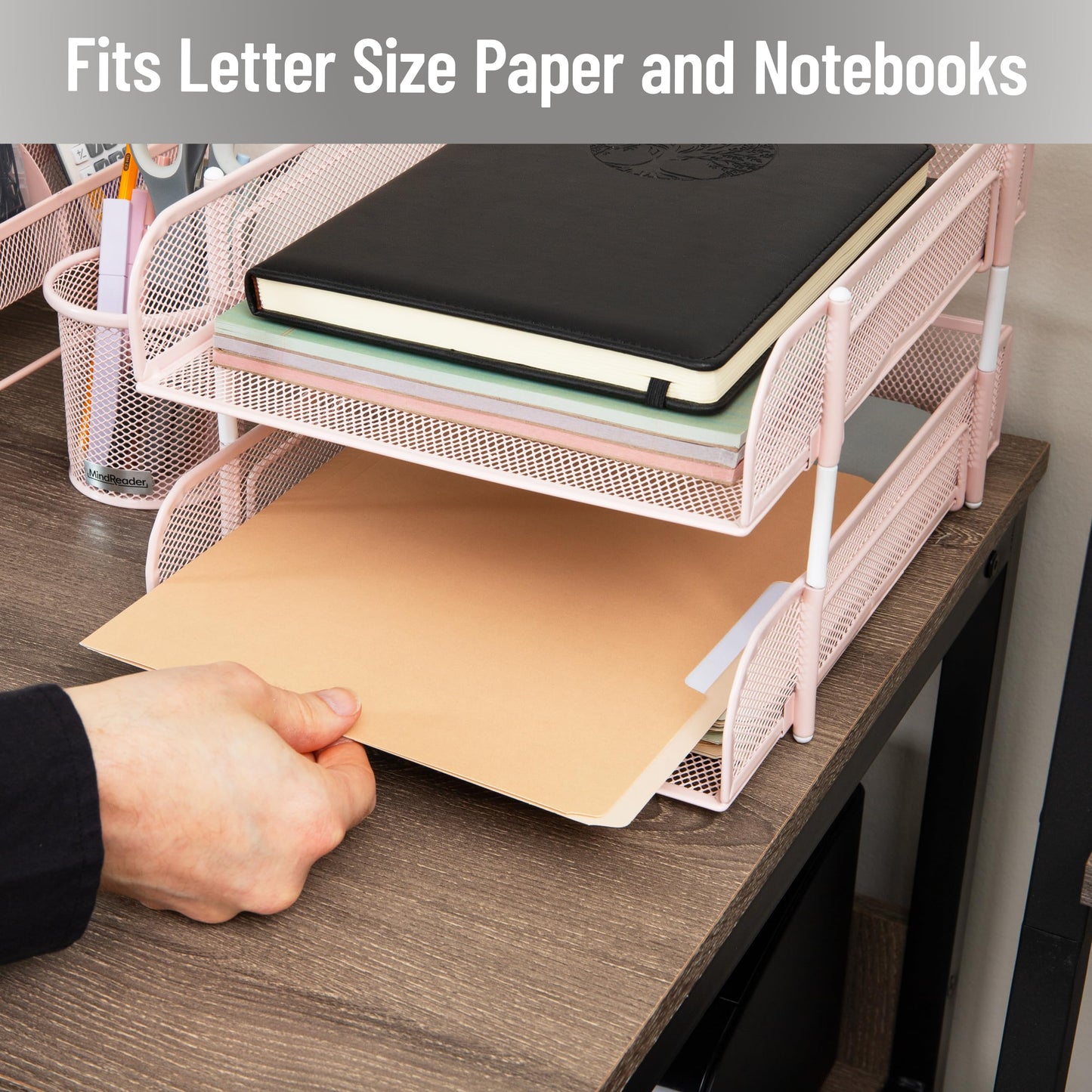 Mind Reader Stackable Paper Tray, Desktop Organizer, File Storage, Office, Metal Mesh, 2 Pcs, Pink