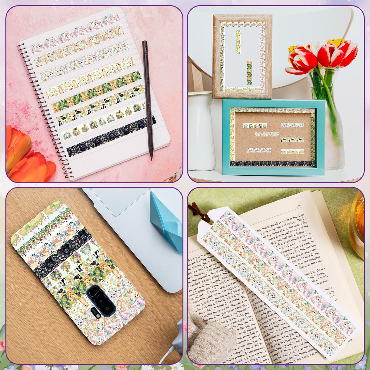 BkeeCten Spring Flower Washi Tape - 12 Roll Vibrant Cat Flower Scrapbook Washi Colored Painters