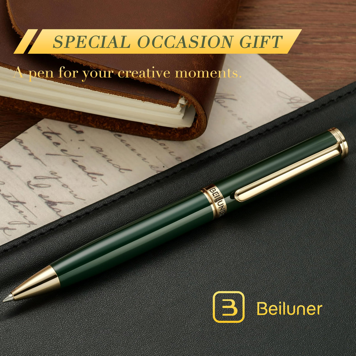BEILUNER Luxury Gel Pen with 24K Gold Finish, Green Piano Lacquer, Luxury Grade Craftsmanship