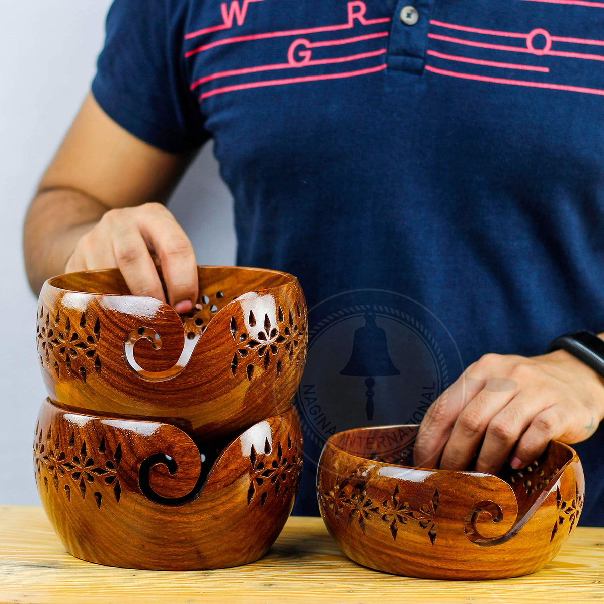 Nagina International Rosewood Crafted Wooden Yarn Storage Bowl With Carved Holes & Drills |