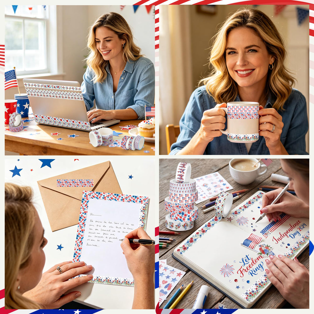 BkeeCten Patriotic Flower Washi Tape Strong Adhesion for Gift Wrapping