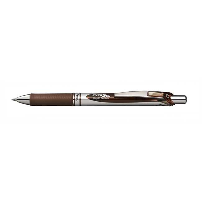 Pentel EnerGel RTX Retractable Liquid Gel Pen, (0.7mm) Metal Tip, Medium Line, Brown Ink, Box of 12