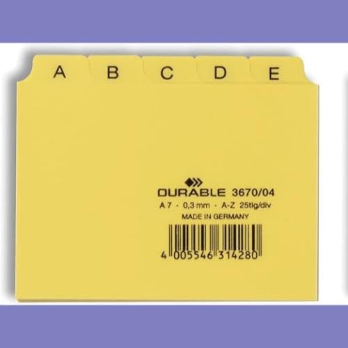 Durable 367004 25 Piece A7 Index Card Set with Printed A-Z Tab - Yellow
