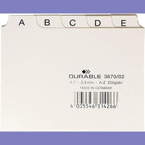 Durable 367002 25 Piece A7 Index Card Set with Printed A-Z Tab - White