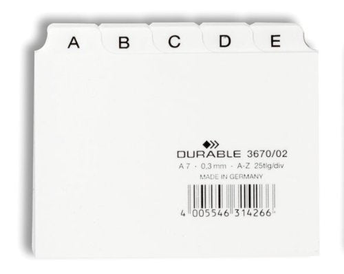 Durable 367002 25 Piece A7 Index Card Set with Printed A-Z Tab - White