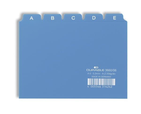 Durable 366006 25 Piece A6 Index Card Set with Printed A-Z Tab - Blue
