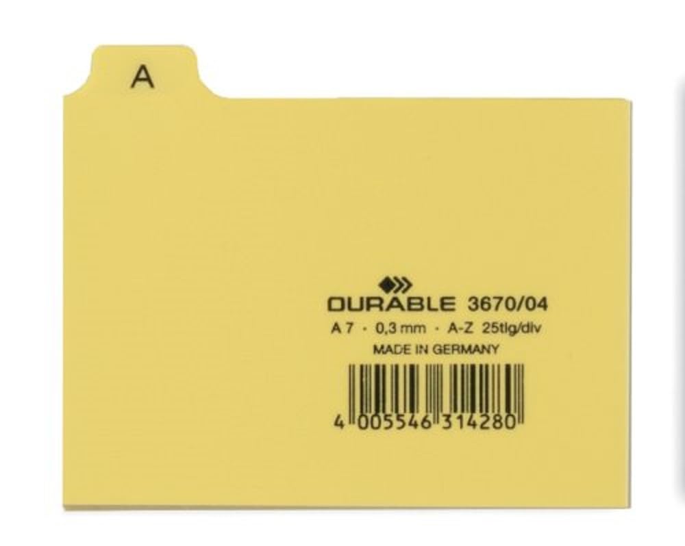 Durable 367004 25 Piece A7 Index Card Set with Printed A-Z Tab - Yellow