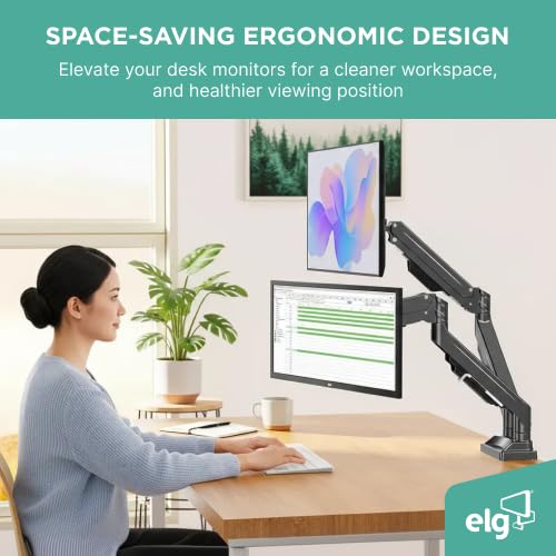 ELG Dual Monitor Stand, Gas Spring with Independent Arms, 17-35" Screens up to 19.8 lbs Each, 360°
