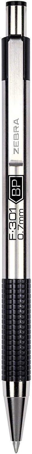 Zebra Pen F-301 Retractable Ballpoint Pen, Stainless Steel Barrel, Fine Point 0.7mm, Non-Slip Grip
