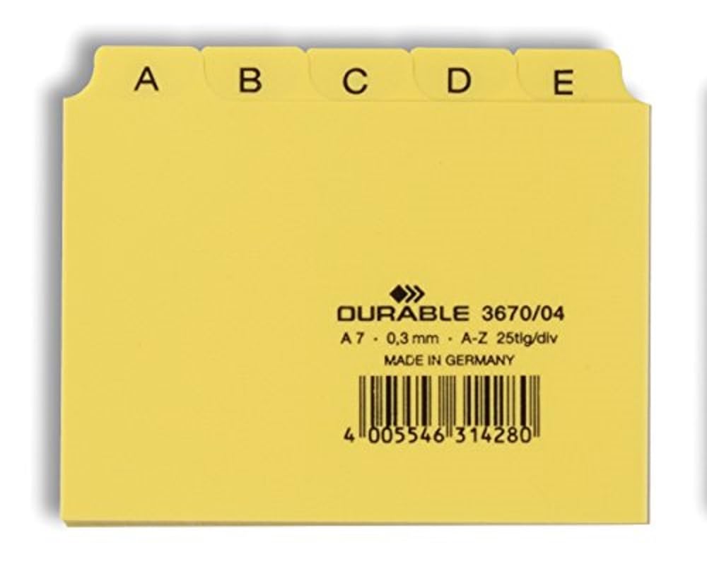 Durable 367004 25 Piece A7 Index Card Set with Printed A-Z Tab - Yellow