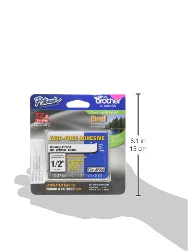 Brother Genuine P-touch TZE-AF231 Tape,1/2" (0.47") Wide Acid-Free Adhesive Laminated Tape, Black