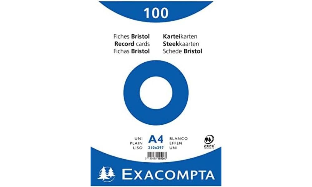 Exacompta - Ref 10506E - Bristol Plain Record Cards (Pack of 100) - A4 in Size, 205gsm Card