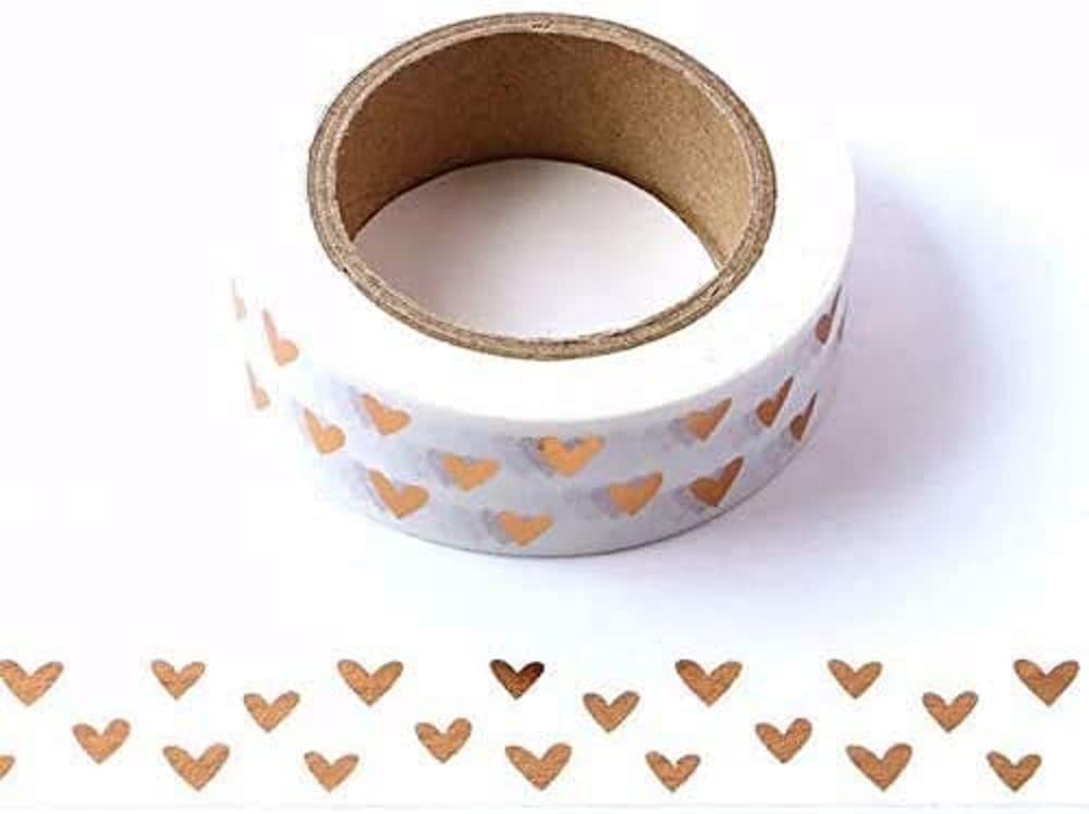 Syntego White with Rose Gold Foil Hearts Washi Tape 15mm x 10m - Self-Adhesive Decorative Tape; for