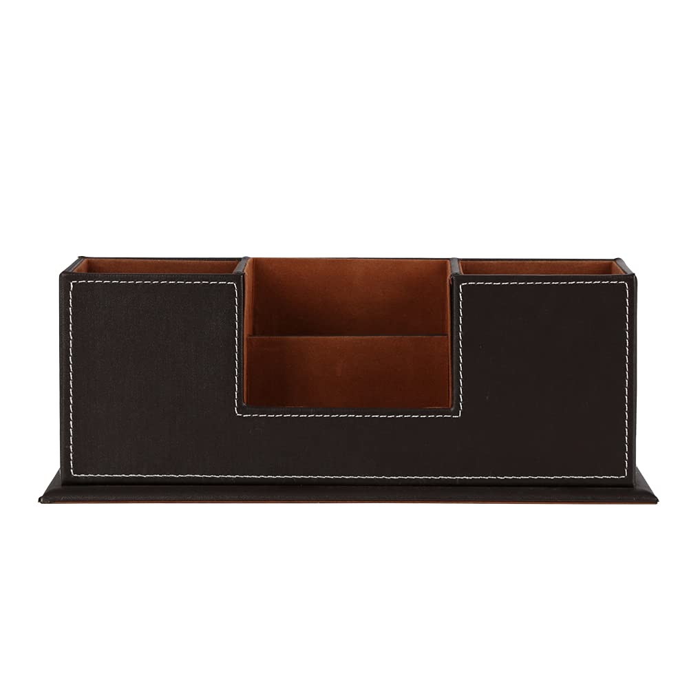 KINGFOM™ Double Holder Wood Leather Multi-Function Desk Stationery Organizer Dark Brown