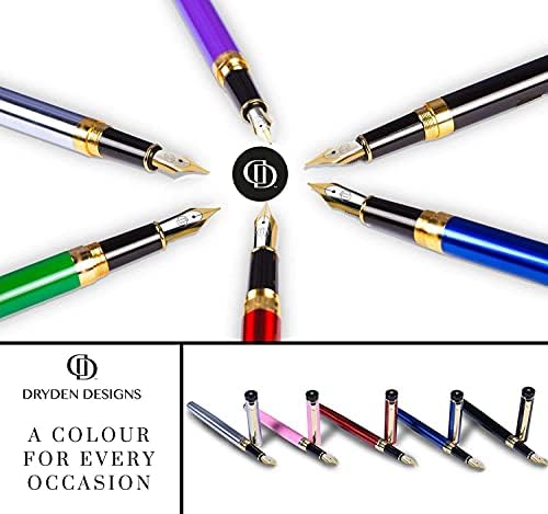 Dryden Designs Fountain Pen. Medium Nib Premium Box | 6 Ink Cartridges Included (Emerald Green)
