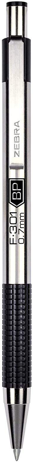 Zebra Pen F-301 Retractable Ballpoint Pen, Stainless Steel Barrel, Fine Point 0.7mm, Non-Slip Grip